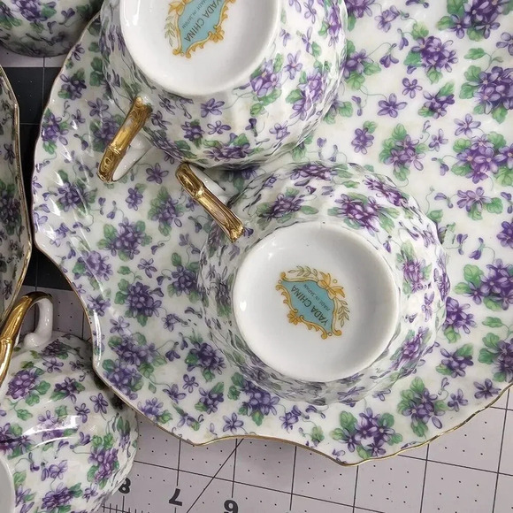 6 Tea Cups and Saucers Japan Yada Snack Plate Blue Floral China - Picture 3 of 15